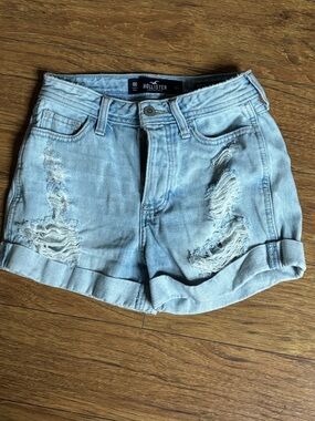 Hollister Light Blue Distressed Rolled Hem Denim Shorts